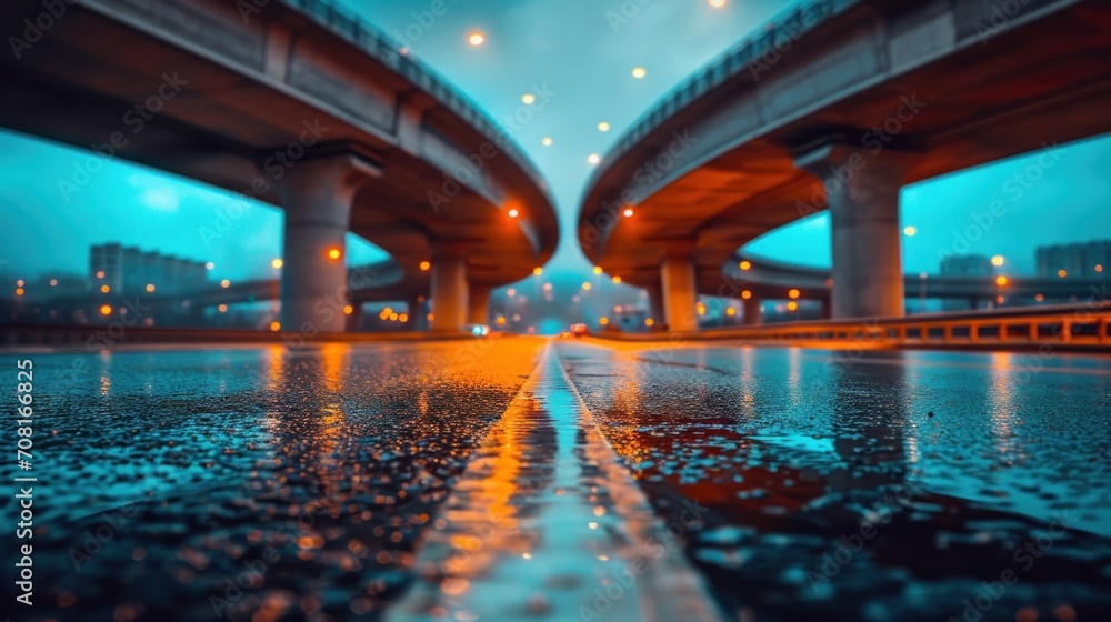 Two large bridges over a wet road with lights on, AI